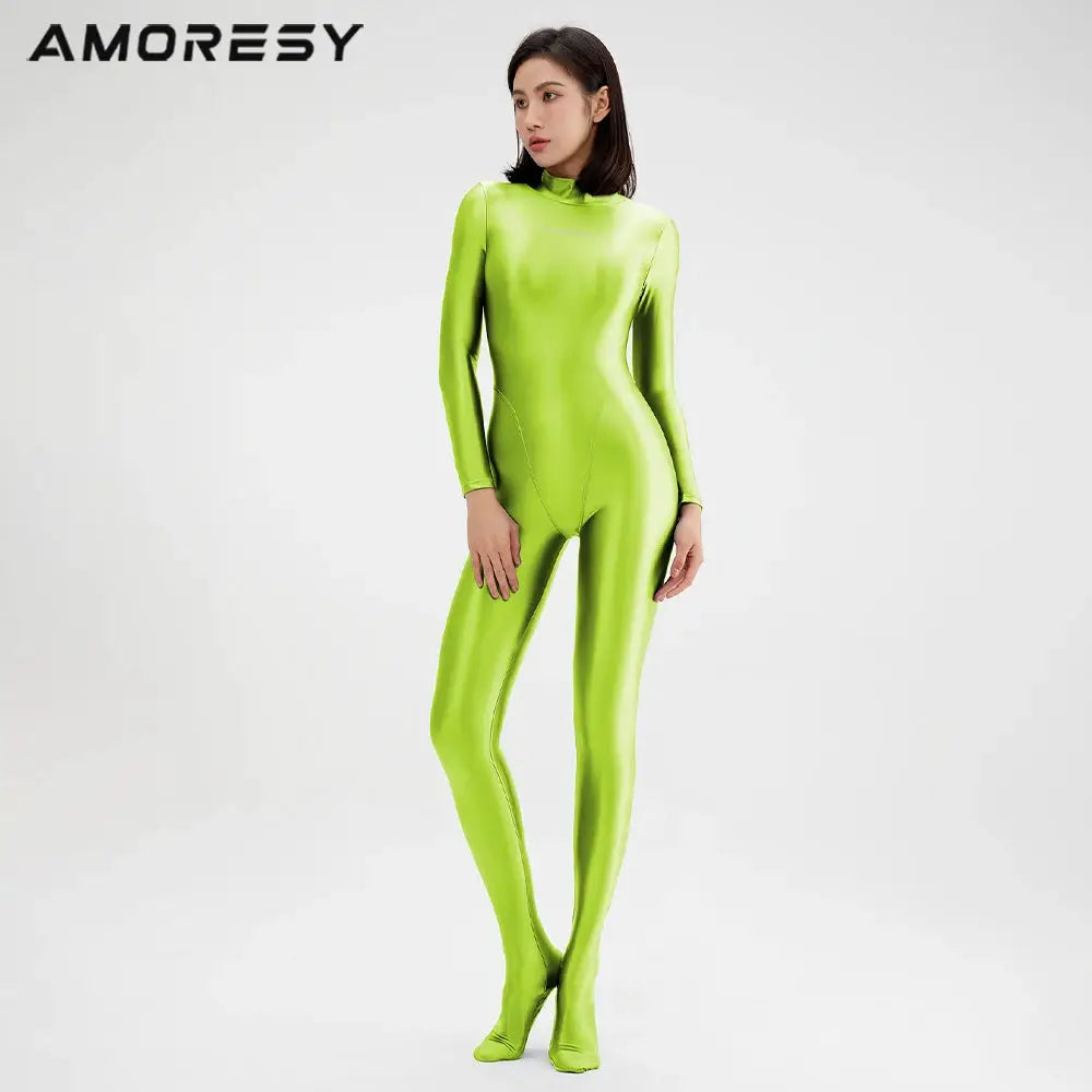 AMORESY lime green wet-look full-body catsuit with long sleeves and high neckline