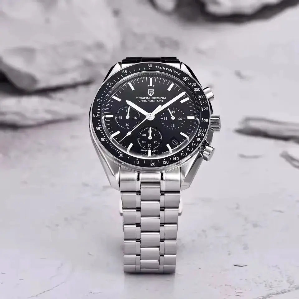 Pagani Design 500 Speedometer chronograph watch with black dial on stainless steel bracelet