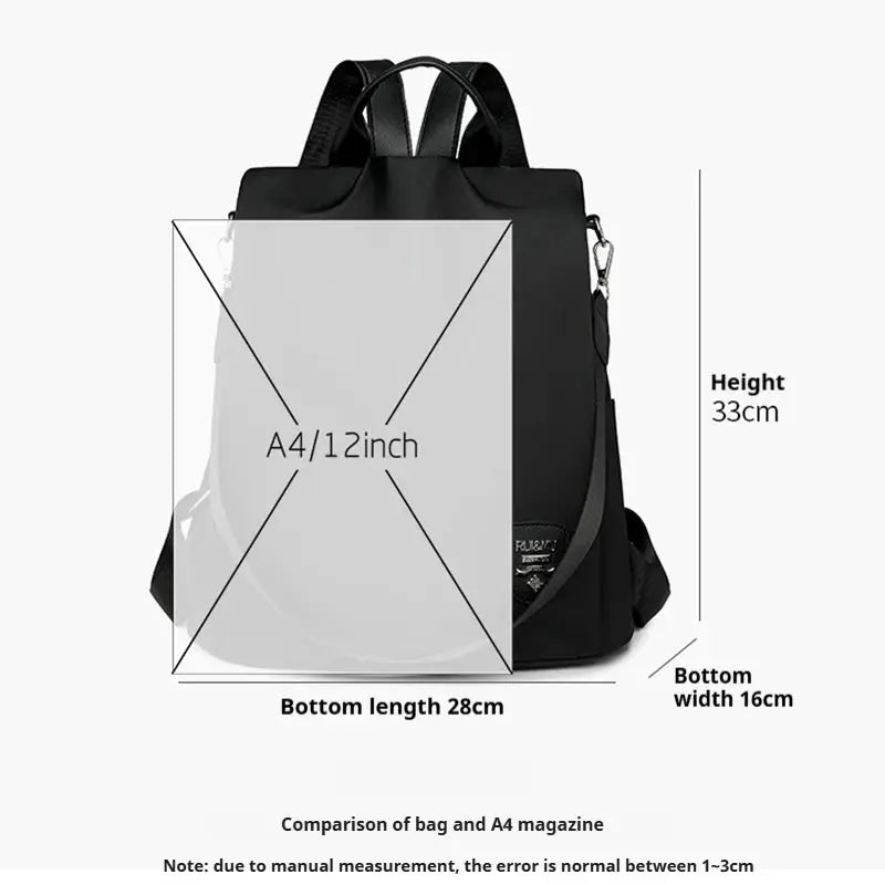 Women's anti-theft backpack by Simples Market, black with adjustable shoulder strap and large capacity travel bag.