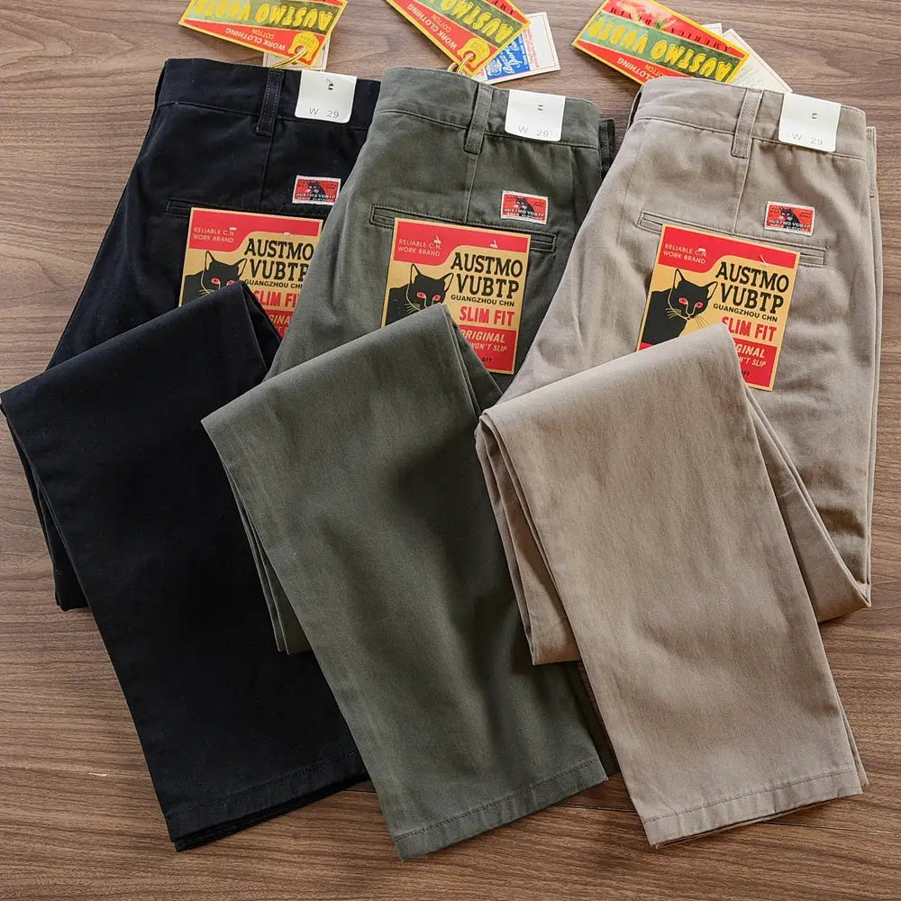 Simples Market men's cotton washed chino straight pants, 4-pair set in black, olive, khaki, beige