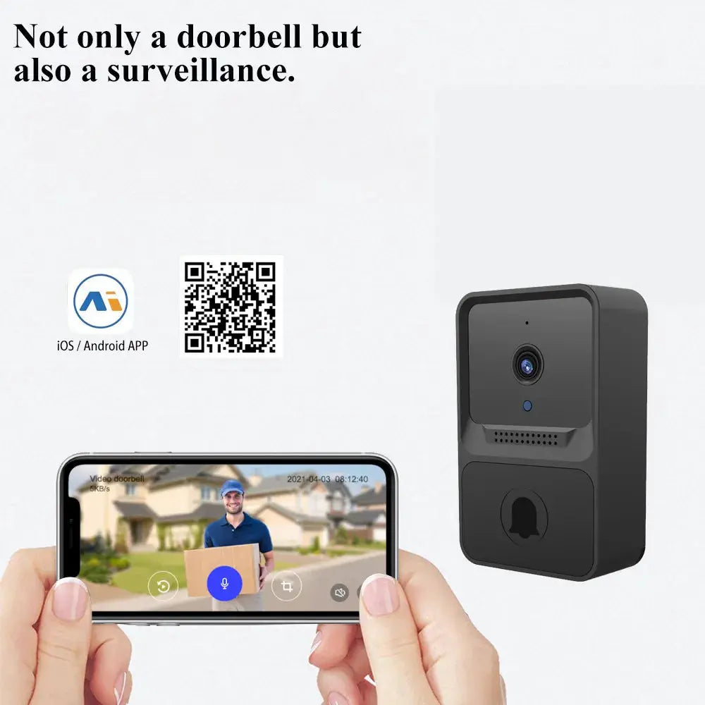 Black wireless outdoor doorbell with HD camera and night vision, shown with a smartphone displaying the app
