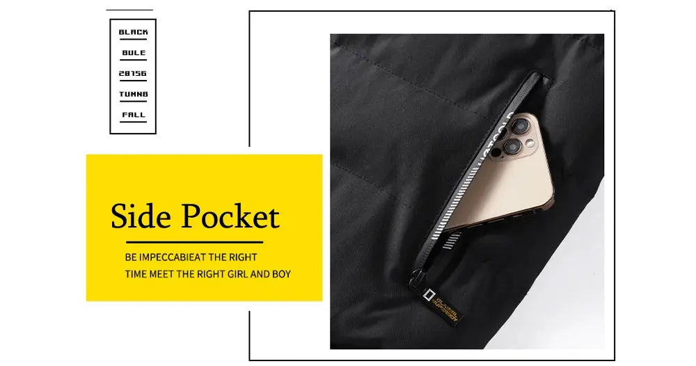 DIMUSI men's black padded winter jacket with a side zip pocket holding a smartphone