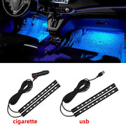 2-pack LED car foot light kit by Simples Market, cigarette lighter and USB powered, blue ambient interior lighting