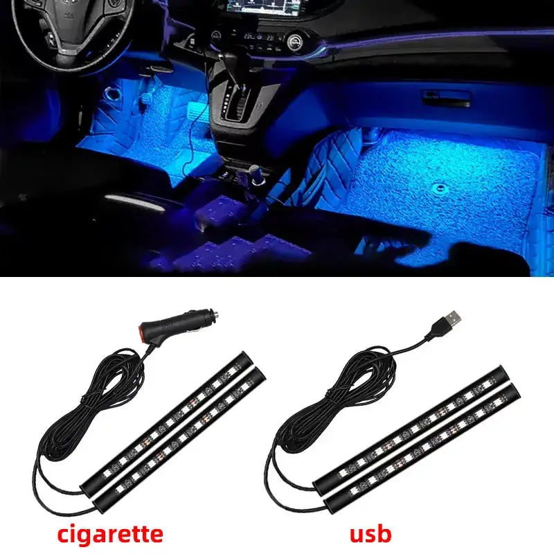 2 In 1 LED Car Neon Foot Light USB Interior Decoration Backlight Atmosphere Lamp Cigarette Lighter Vehicle Accessory