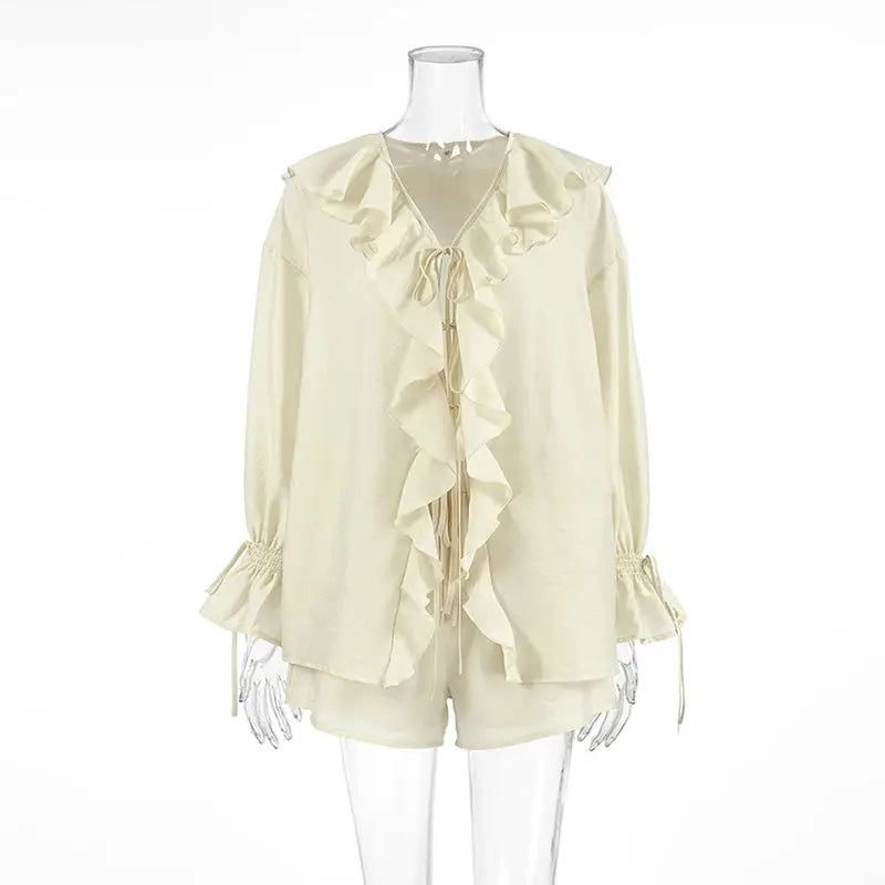 Tornova Womens Ruffled Shorts Sets V Neck Lace Up Shirt Spring Casual