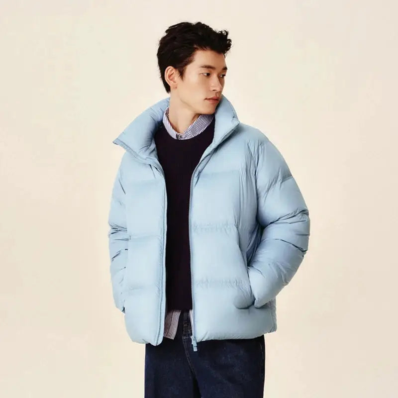 Light blue Semir down puffer jacket, short coat for men, warm quilted outerwear