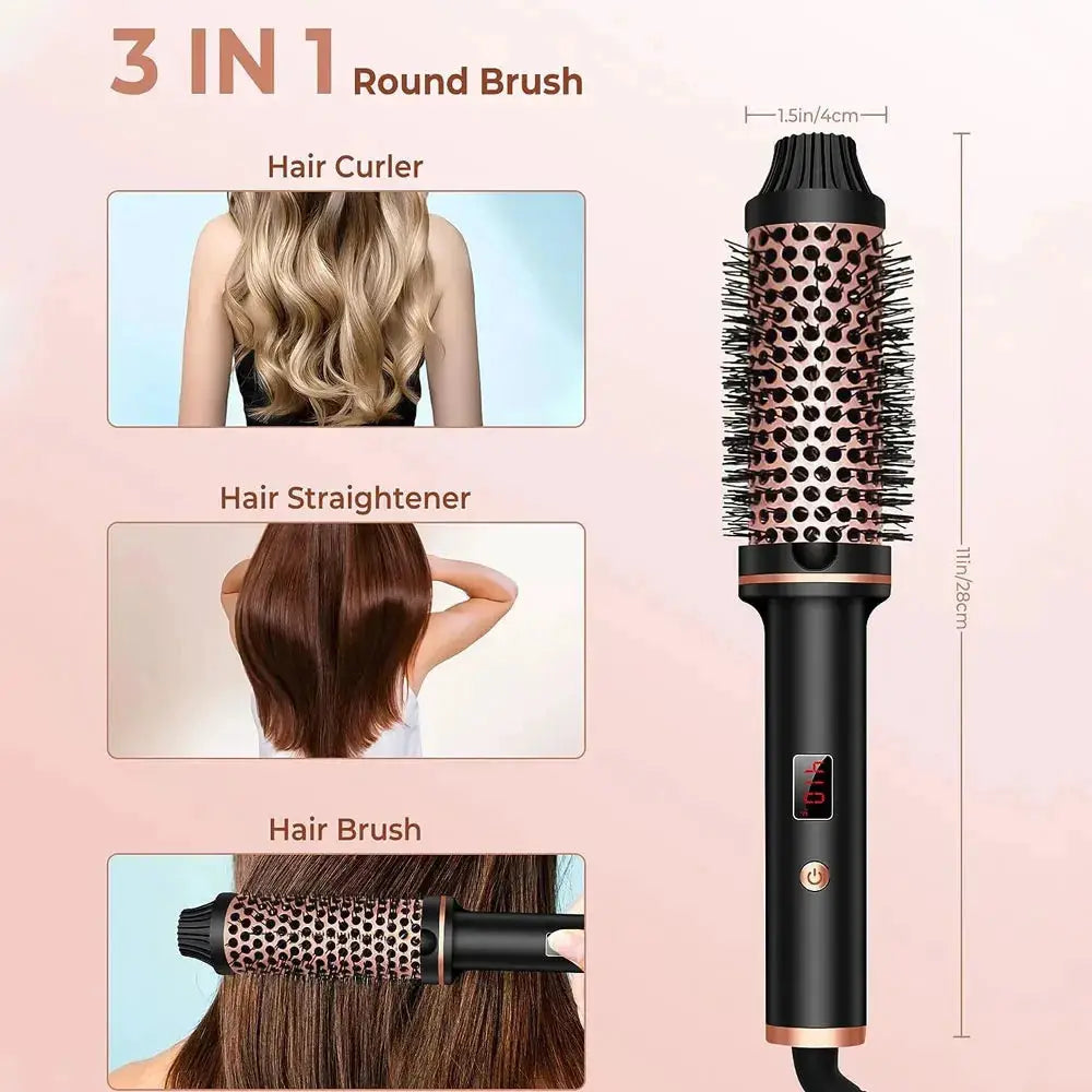 Simples Market 3-in-1 ionic hair curler straightener with round brush attachment, black with rose-gold accents.