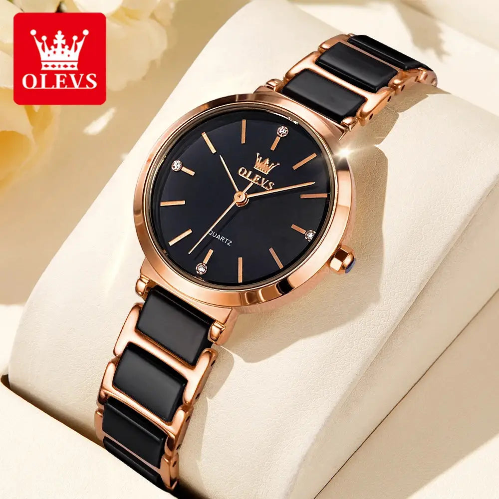 OLEVS women's quartz watch with rose-gold case and black strap