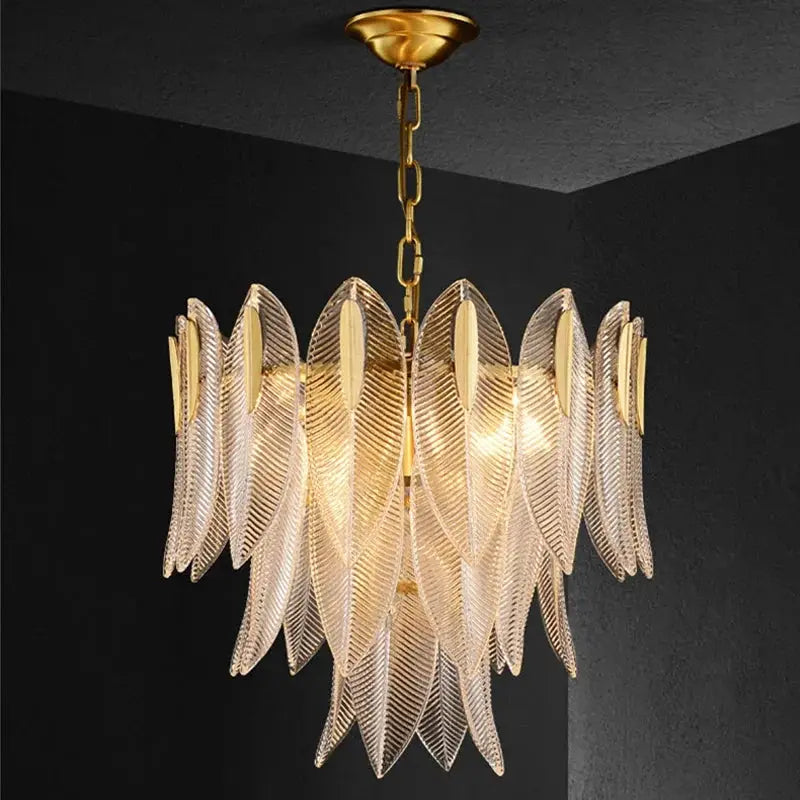 French Romantic glass chandelier pendant lamp in gold with leaf-shaped panels