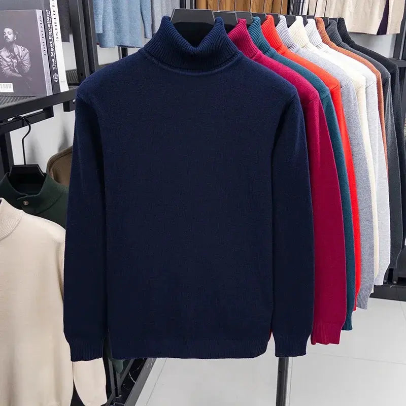 Men's navy knitted turtleneck sweater; slim fit, long sleeve, anti-pilling