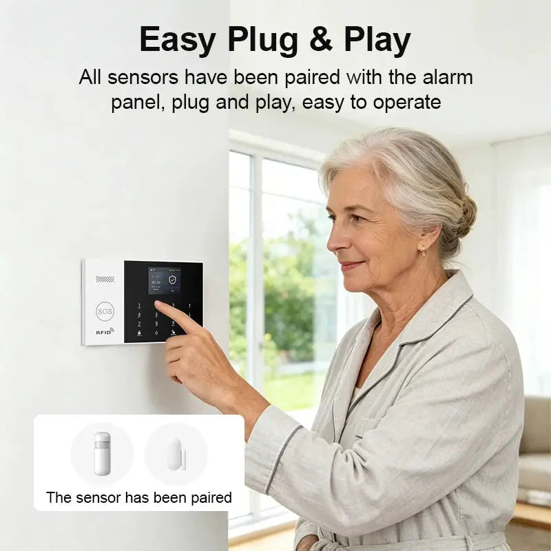 Simples Market PGST WiFi 2G GSM Home Alarm System Kit, white alarm panel with door and PIR motion sensors