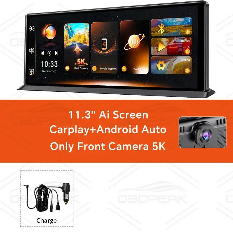 Dash cam with 11.3-inch AI touchscreen, CarPlay & Android Auto, front 5K camera