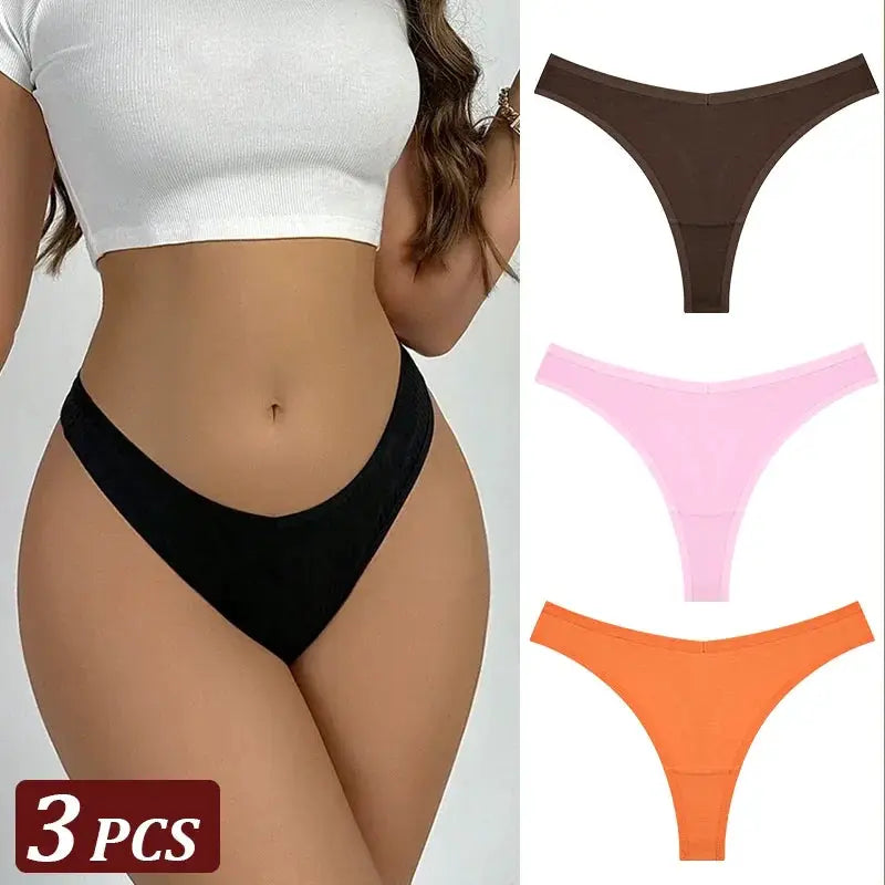 Simples Market seamless cotton thong set; 4-color display with black worn by model and brown, pink, orange pairs.