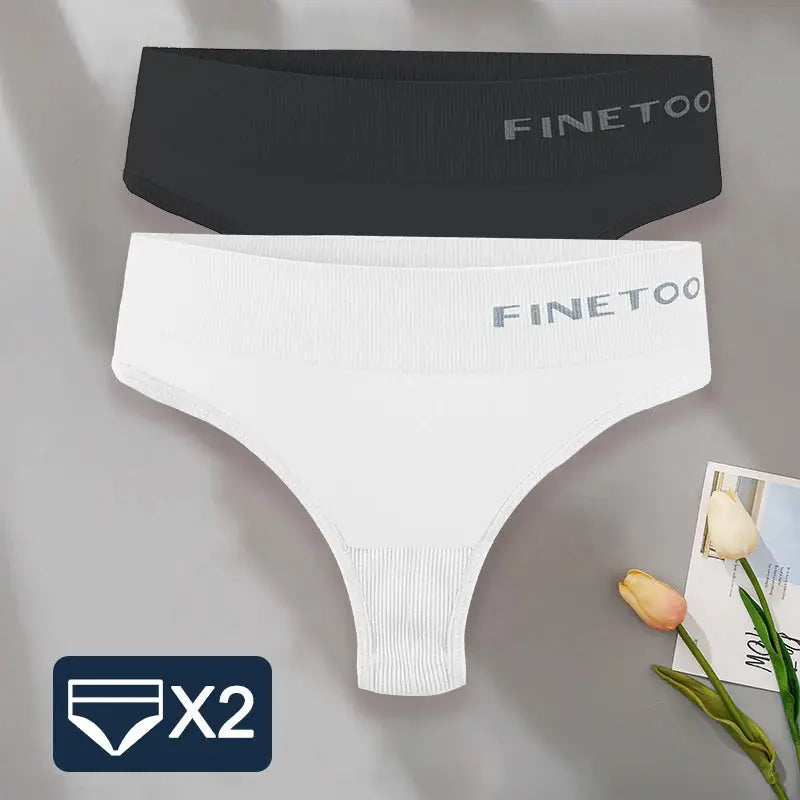 FINETOO 2-pack high-waist G-string panties for women in black and white; ribbed waistband; Simples Market.