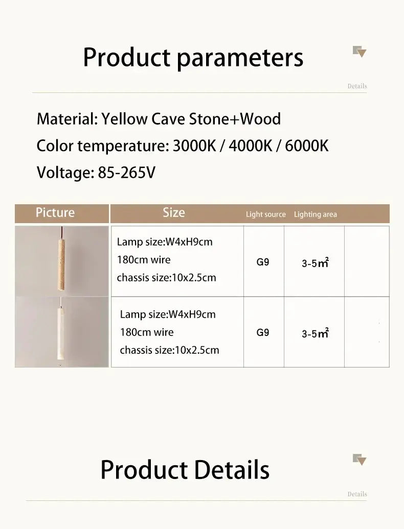 LED pendant lamp long tube wood, Japanese-style ceiling chandelier by Simples Market with G9 replaceable bulb.