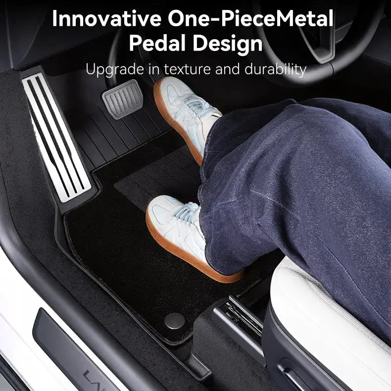 Tesla Model Y floor mat set with metal pedals, black four-season waterproof TPE mats by Simples Market