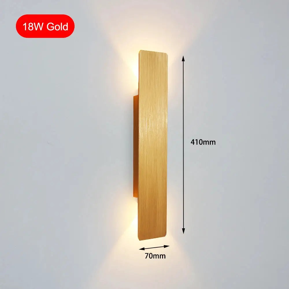 Modern LED indoor wall lamp, 18W, gold brushed aluminum finish; 410mm tall, 70mm wide