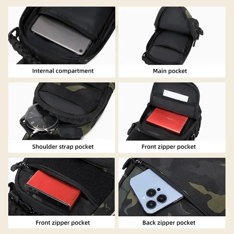 Simples Market tactical chest bag with camouflage MOLLE, multiple pockets including main and front/back zipper pockets