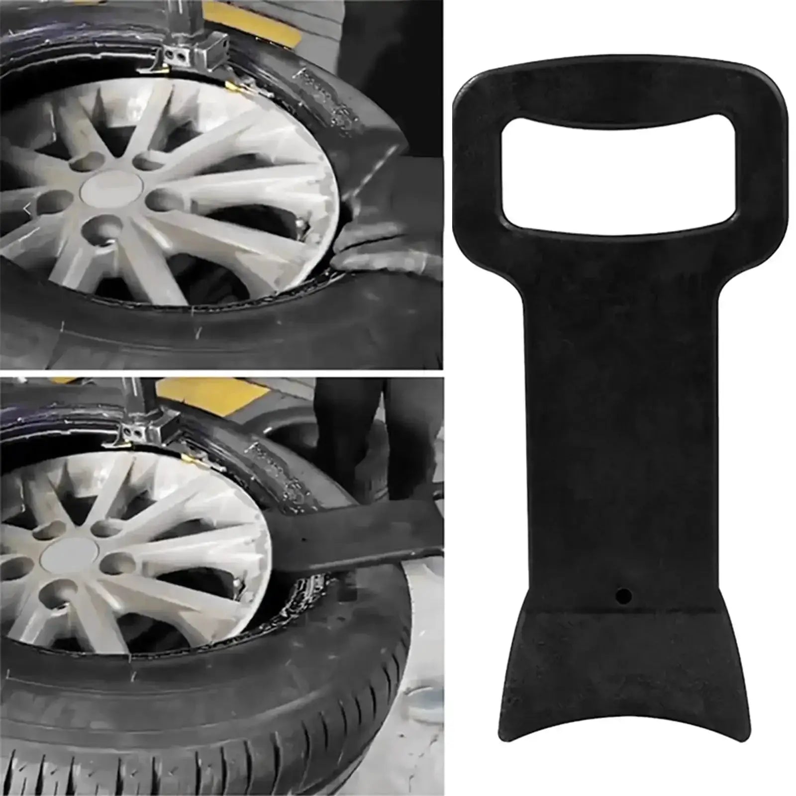 Simples Market tire bead pressing clamp with demount tool; black handheld bead tool shown beside mounted tires