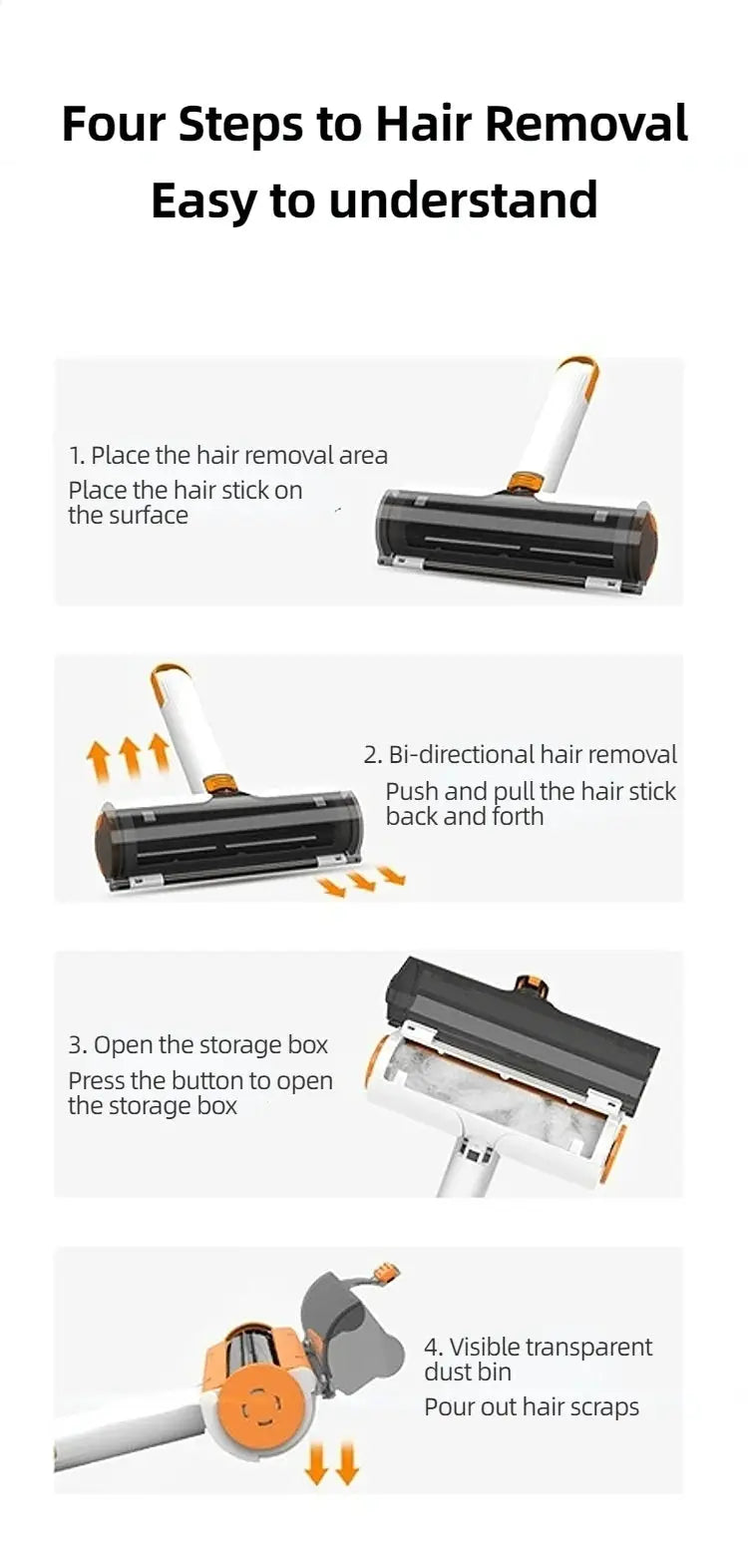 Simples Market multifunctional pet hair remover roller; portable washable lint remover with white handle, black roller.