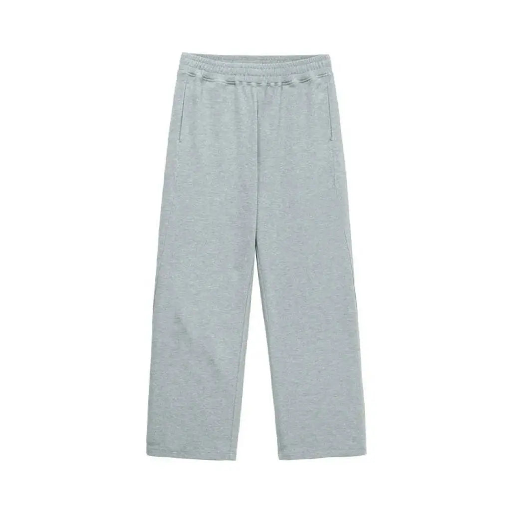 Men's comfortable straight-leg sweatpants in light gray with elastic waist and large pockets.