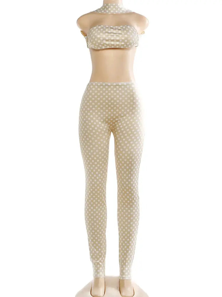 Nibber Hottie Women Dot Print 2 Piece Tracksuit Backless Halter