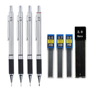 Simples Market metal mechanical pencil set with four pencils, three HB lead packs (0.5/0.7/0.9mm) and a 2.0mm container