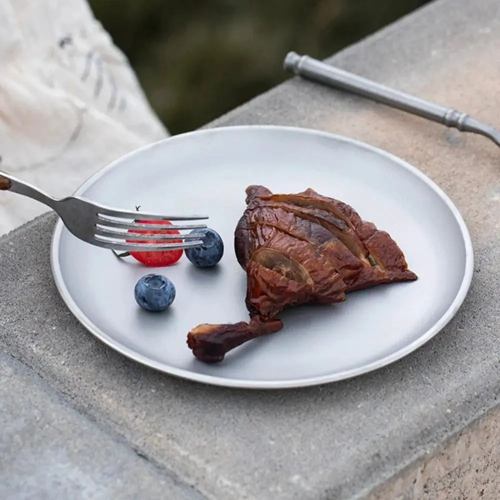Titanium camping plate, round frosted lightweight reusable tableware with roasted meat and berries