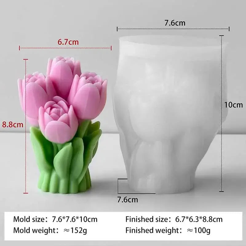 Silicone tulip bouquet mold set; pink finished bouquet and clear vase mold, 2-piece set