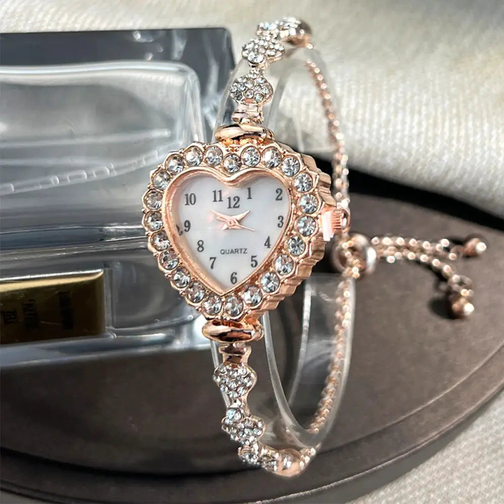 LuxeTime Heart Shaped Diamond Studded Flower Watch With Ribbon Strap Adjustable Bracelet For Women