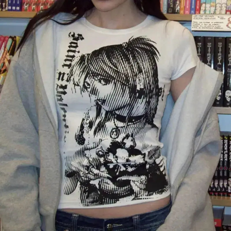 Y2K Anime Streetwear O Neck Crop Top Women Harajuku Vintage Tee With 90s Text Printing Casual T Shirt