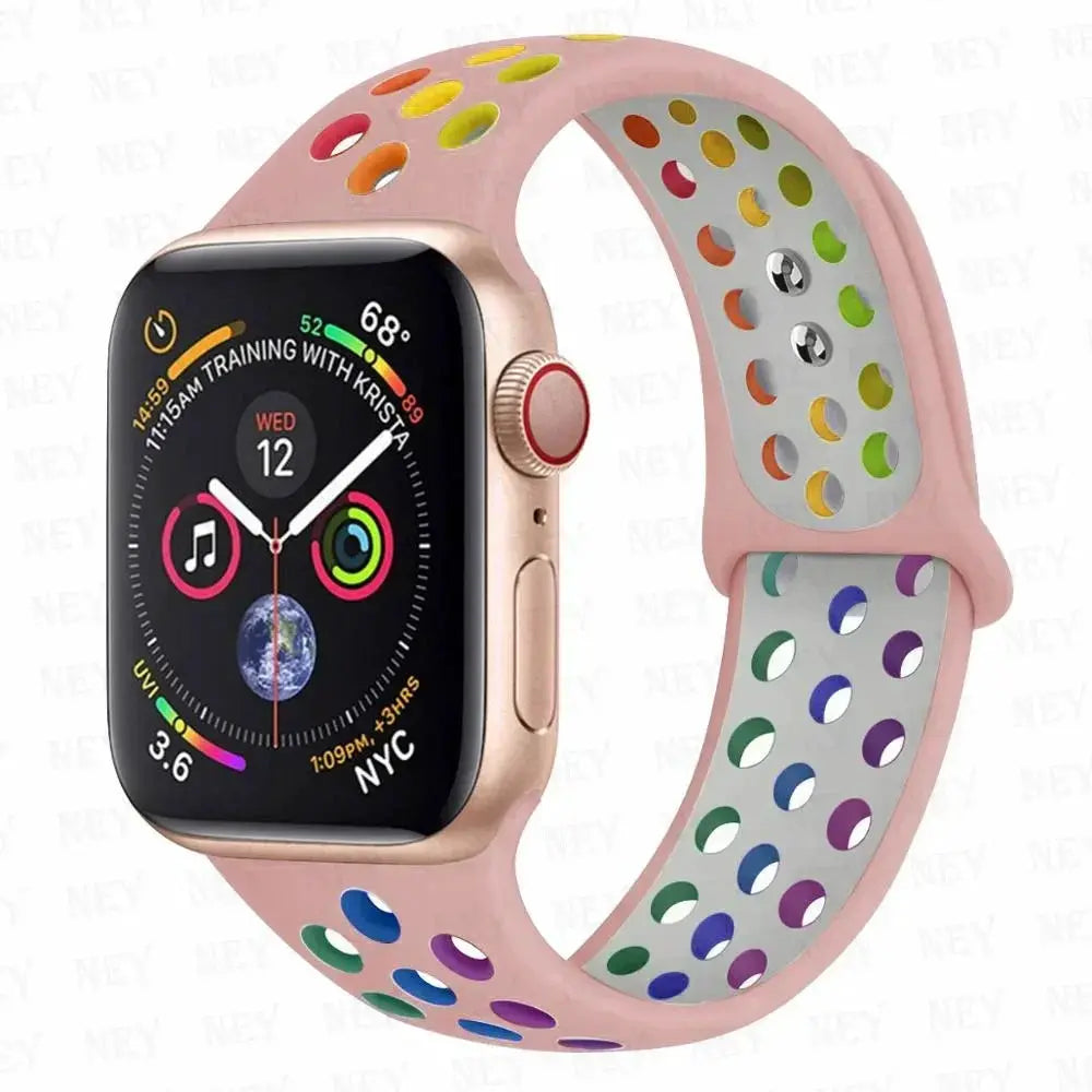 Simples Market silicone Pride Sport Band for Apple Watch, pink with rainbow perforations (38–45mm)