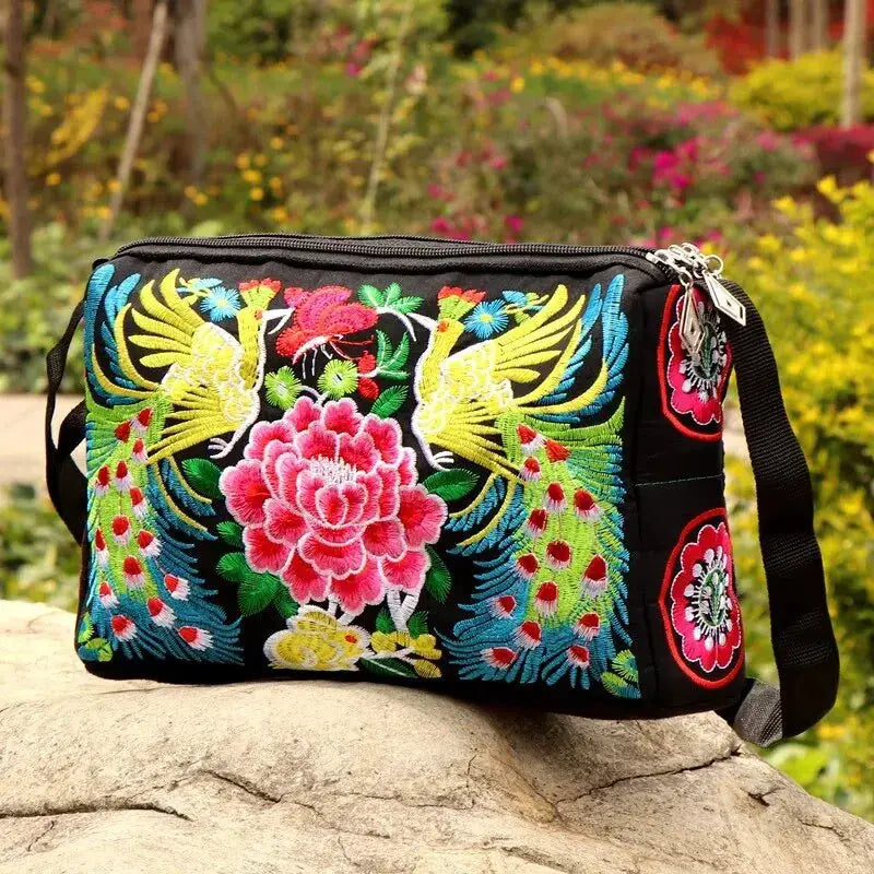 Women's nylon crossbody bag with vibrant embroidered flowers on black fabric, large capacity