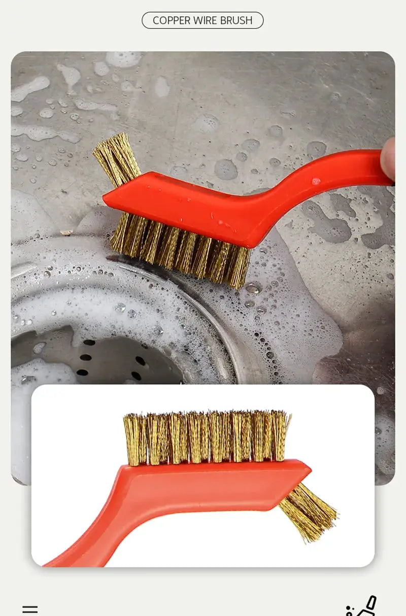 Brass wire brush, 7-inch with red ergonomic handle for rust removal and metal cleaning