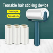 Tearable hair-sticking roller brush with blue handle and four white replacement rolls for pet hair removal