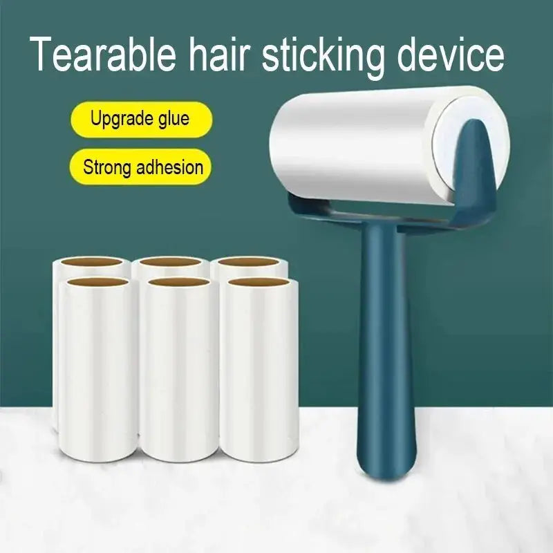 Tearable hair-sticking roller brush with blue handle and four white replacement rolls for pet hair removal
