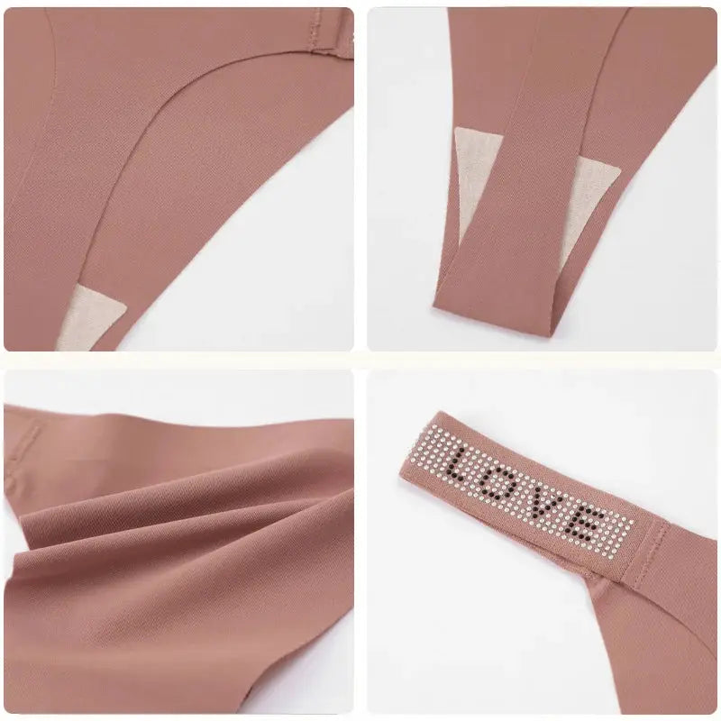 7-piece thong set in nude-pink, low-rise, soft breathable fabric with crystal LOVE waistband