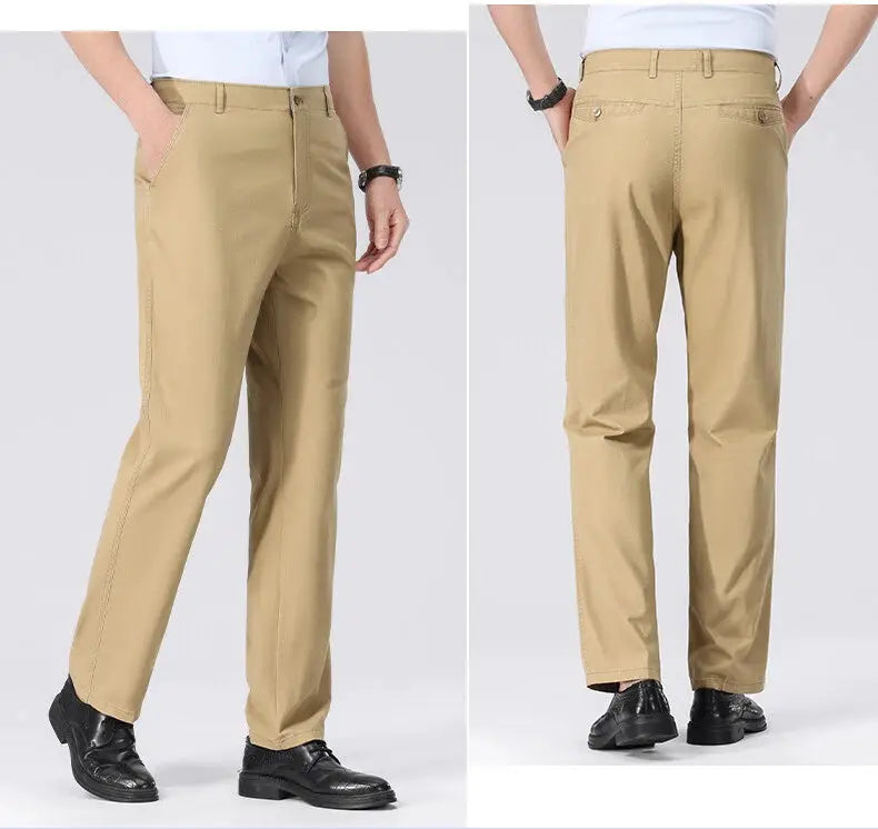 Men's chino pants by Simples Market, khaki lightweight business casual dress trousers with pockets