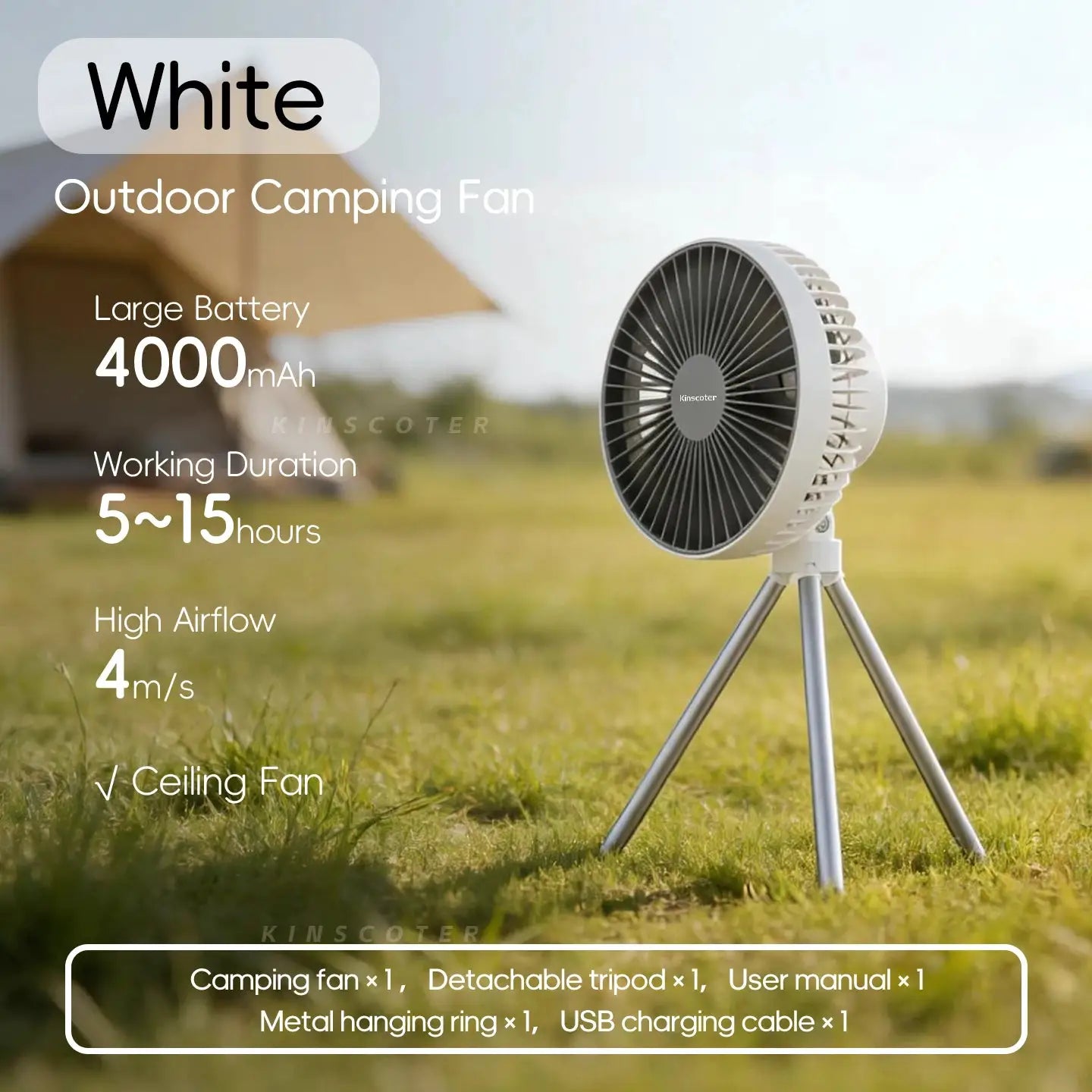 Outdoor camping fan on tripod, white, with USB charging and power bank built-in