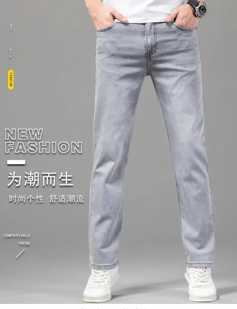 Men's light gray elastic cotton jeans, straight-leg casual trousers for summer comfort