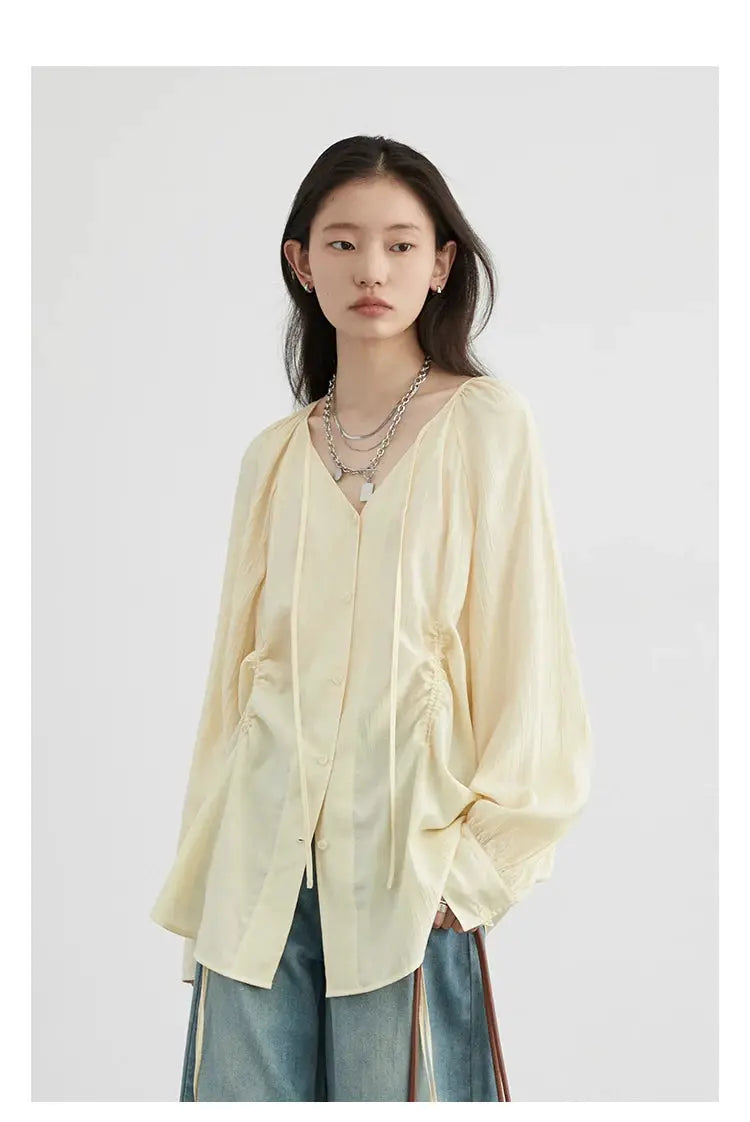 CHIC VEN women's loose lace-up blouse in pale yellow with V-neck and long puff sleeves