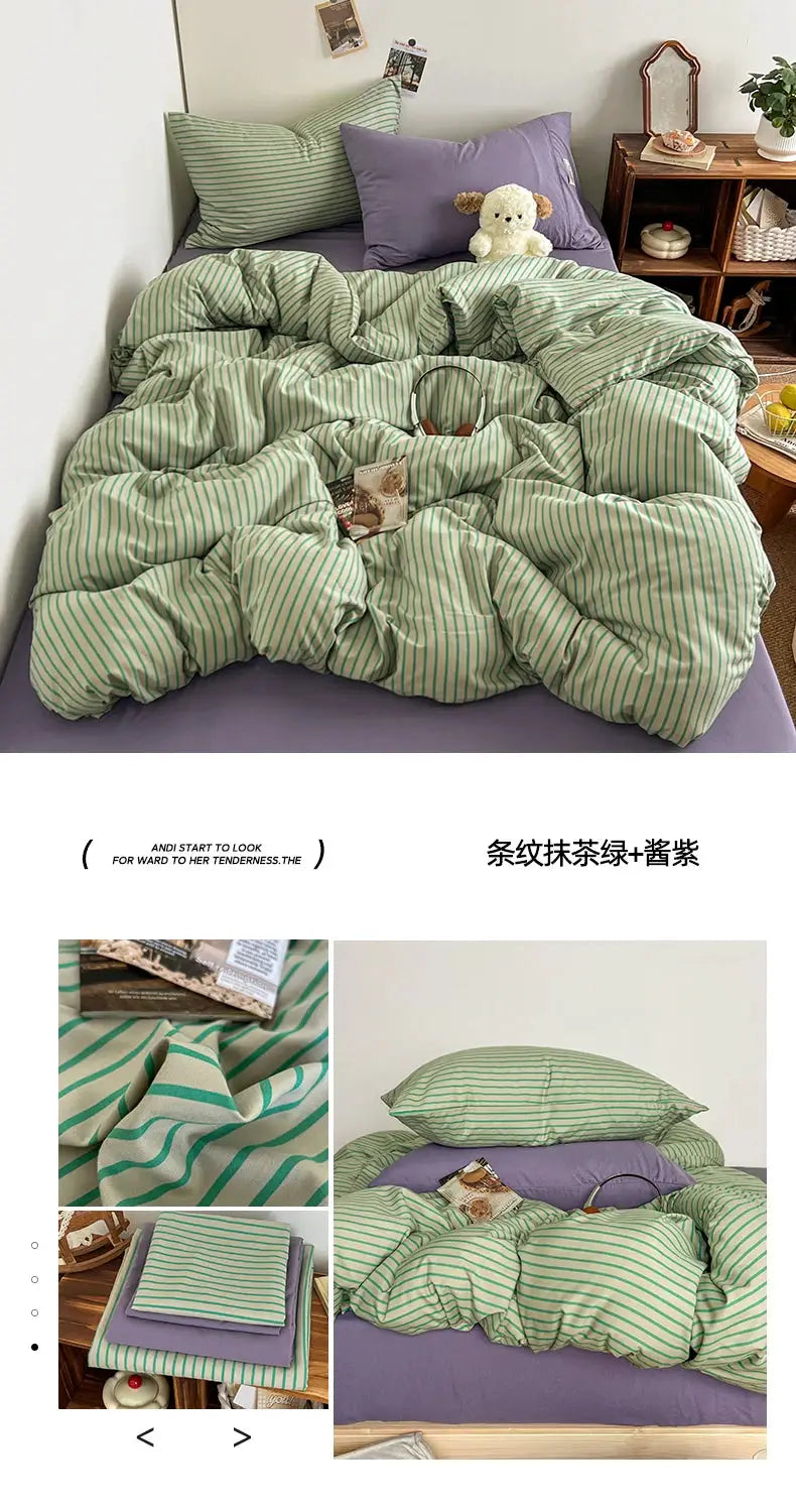 Bedding Set with green striped duvet cover and purple bedsheet; includes matching pillowcases.