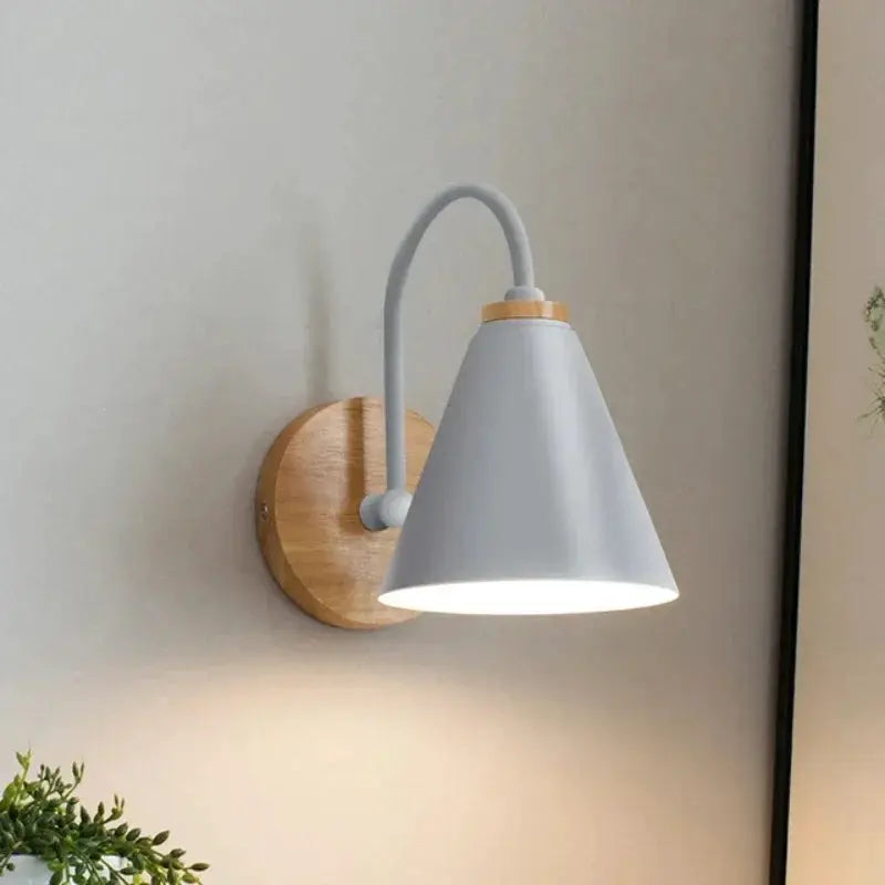 Nordic wall sconce light with gray cone shade and wooden round backplate for bedroom or living room