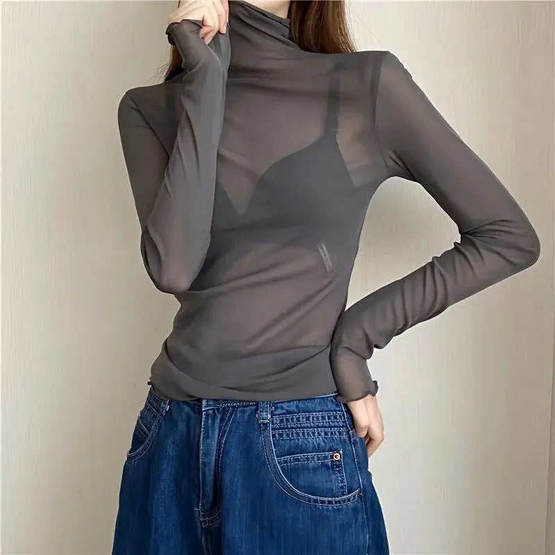 Women’s mesh top, charcoal gray sheer long-sleeve blouse with high neck