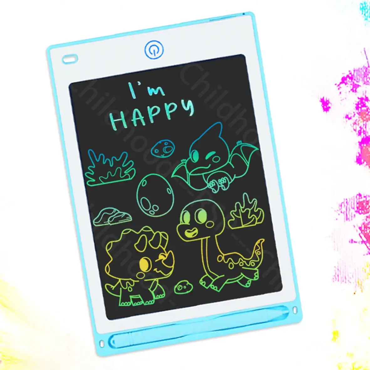 8.5 inch LCD writing tablet for kids with blue frame and neon dinosaur drawings on a black screen