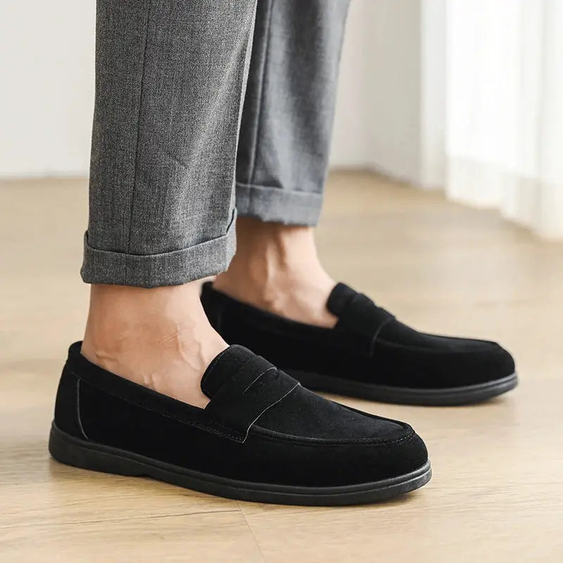 Men's black suede slip-on loafers with non-slip soft sole; lightweight casual pair