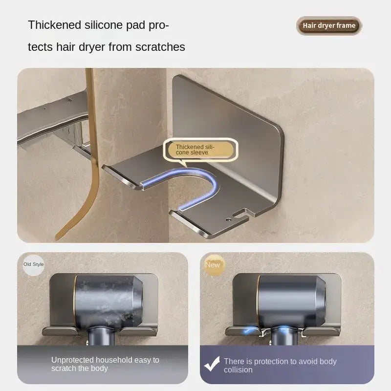 Hair dryer wall mount holder with silicone-padded sleeve for bathroom storage