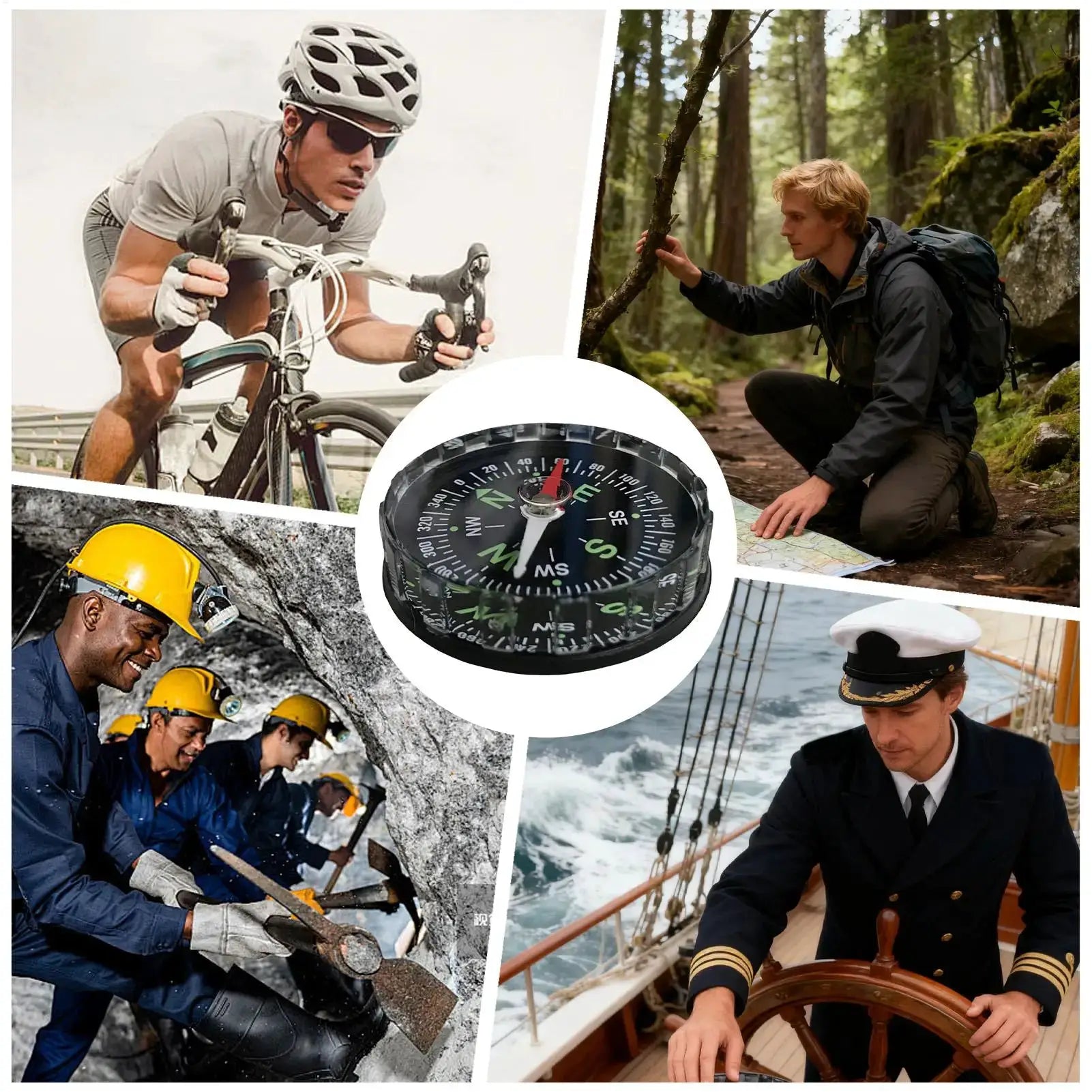 Simples Market waterproof hiking compass, multifunction navigation, center collage of outdoor adventure scenes