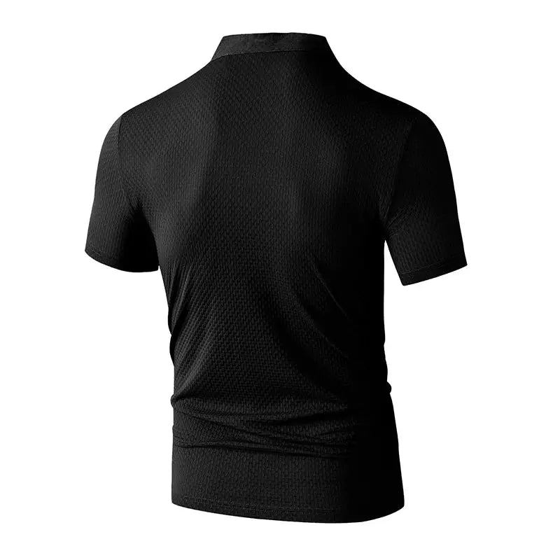 Men's polo shirt, black textured short-sleeve, breathable fabric
