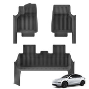 Set of 4 black TPE floor mats for Tesla Model Y 5-seat, front and rear with door sill protection.